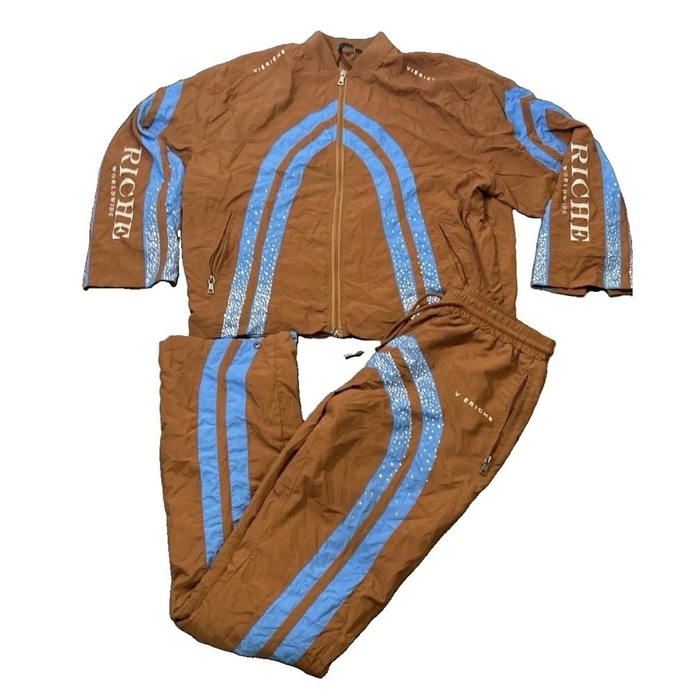 Vie Riche Neostone Tracksuit Set Brown Blue Rhinestone Jacket M Pants L